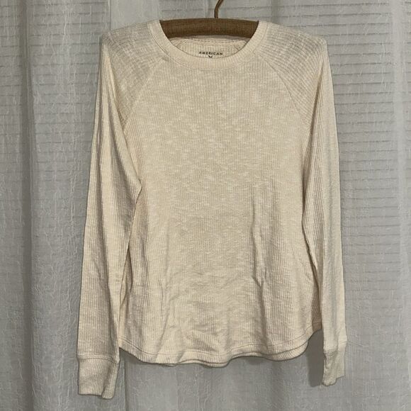 AE Heather Cream Crewneck Soft Plush Ribbed Long Sleeve Tee - Picture 6 of 16